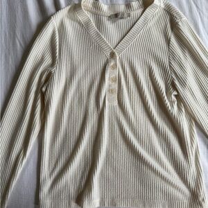 LOFT Cream Ribbed V-Neck Top
